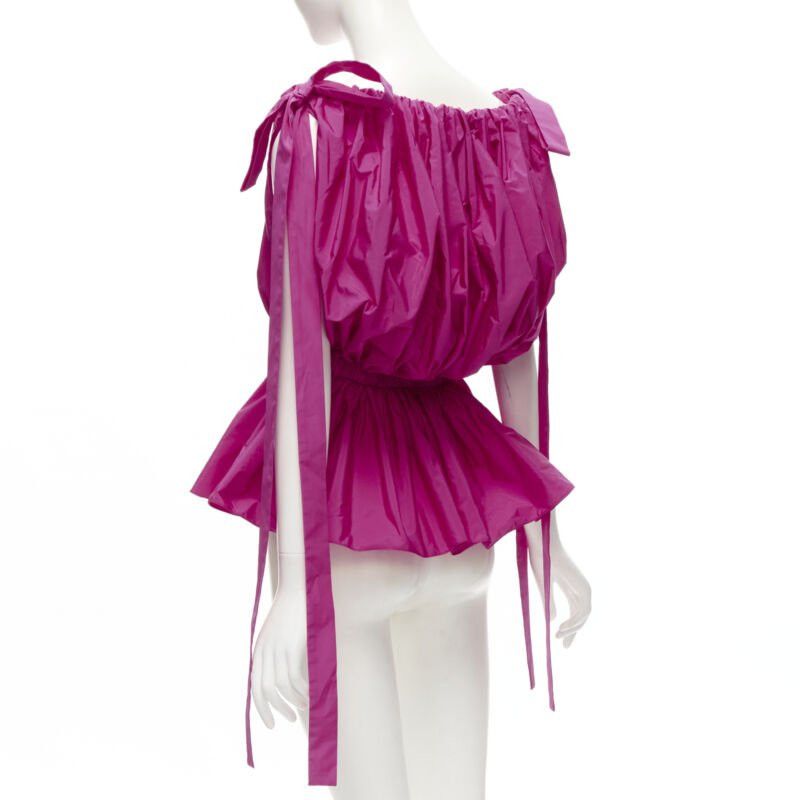 Alexander McQueen ALEXANDER MCQUEEN 2021 fuschia pink crinkled bow tie shoulder peplum top IT38 XS Size XS / US 0-2 / IT 36-38 - 6 Thumbnail