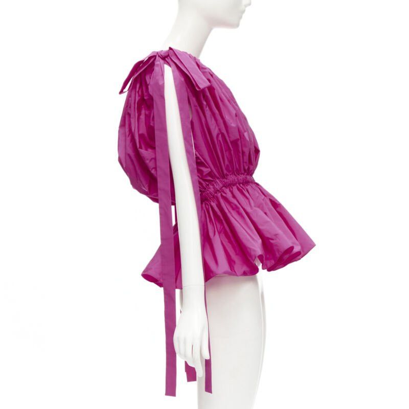 Alexander McQueen ALEXANDER MCQUEEN 2021 fuschia pink crinkled bow tie shoulder peplum top IT38 XS Size XS / US 0-2 / IT 36-38 - 4 Thumbnail