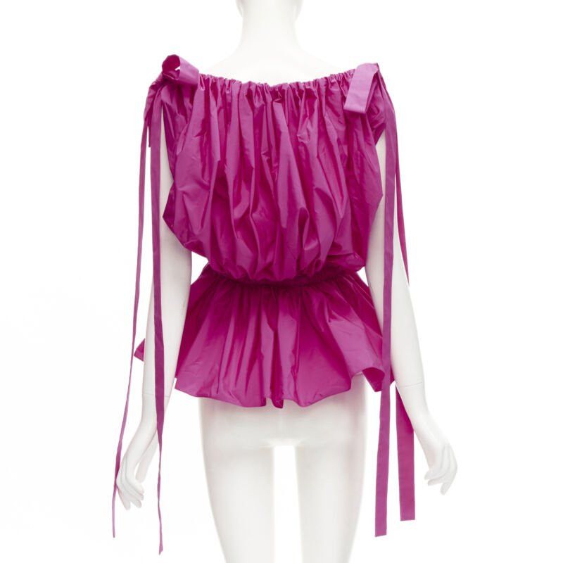 Alexander McQueen ALEXANDER MCQUEEN 2021 fuschia pink crinkled bow tie shoulder peplum top IT38 XS Size XS / US 0-2 / IT 36-38 - 5 Thumbnail