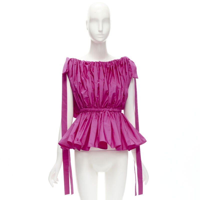 Alexander McQueen ALEXANDER MCQUEEN 2021 fuschia pink crinkled bow tie shoulder peplum top IT38 XS Size XS / US 0-2 / IT 36-38 - 10 Thumbnail