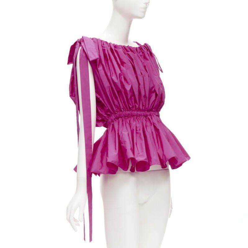 Alexander McQueen ALEXANDER MCQUEEN 2021 fuschia pink crinkled bow tie shoulder peplum top IT38 XS Size XS / US 0-2 / IT 36-38 - 3 Thumbnail