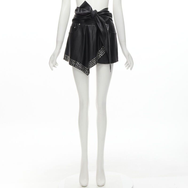 Alexander Wang ALEXANDER WANG black faux leather silver studded draped wrap tie shorts US2 XS Size 27" / US 4 / IT 40 - 10 Thumbnail