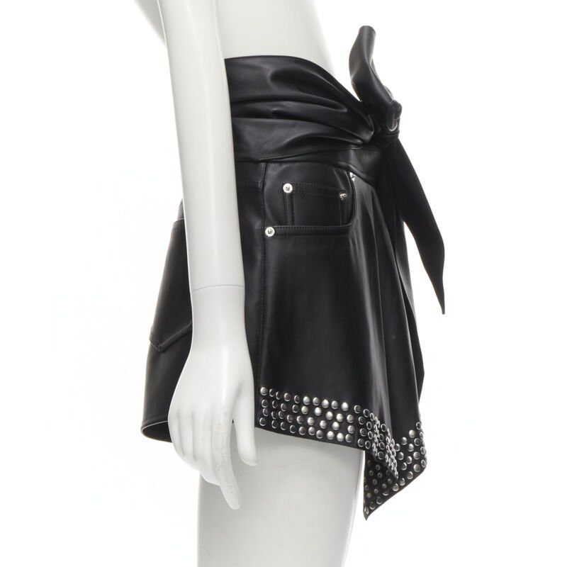 Alexander Wang ALEXANDER WANG black faux leather silver studded draped wrap tie shorts US2 XS Size 27" / US 4 / IT 40 - 4 Thumbnail