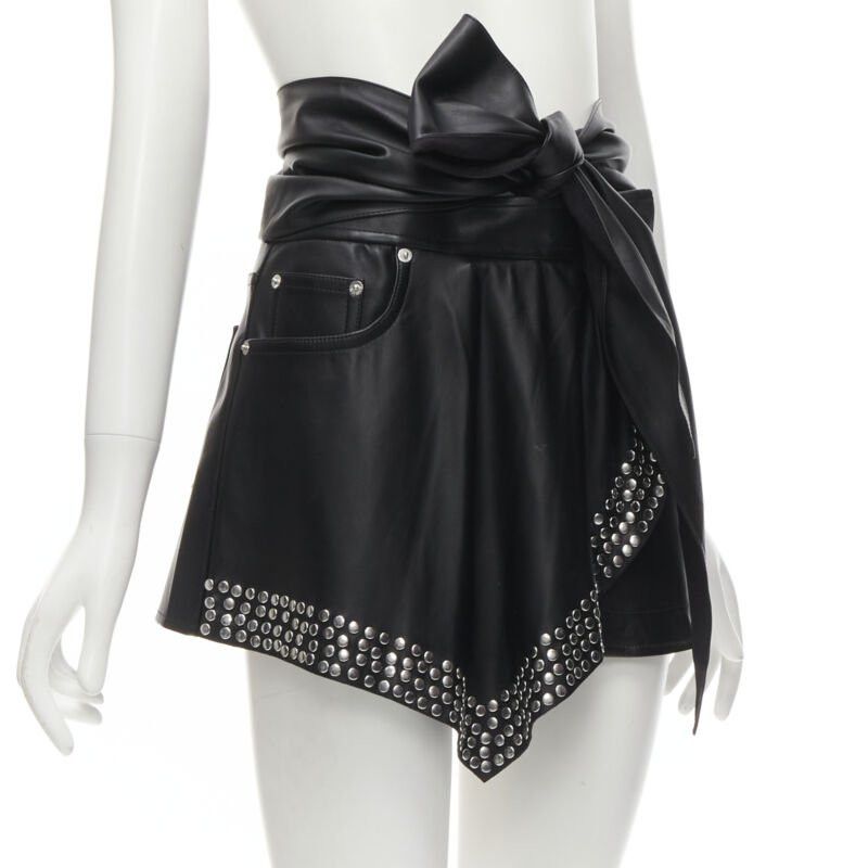 Alexander Wang ALEXANDER WANG black faux leather silver studded draped wrap tie shorts US2 XS Size 27" / US 4 / IT 40 - 3 Thumbnail