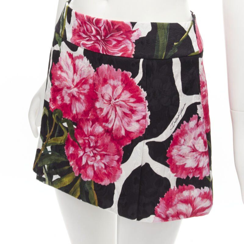 Dolce & Gabbana DOLCE GABBANA black pink carnation floral print jacquard mini skirt IT38 XS Size 26" / US 2 / IT 38 - 2 Thumbnail