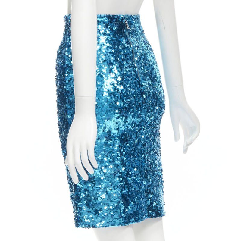 Alice + Olivia ALICE OLIVIA blue bling sequins side zip disco party pencil skirt US0 XS Size 26" / US 2 / IT 38 - 6 Thumbnail