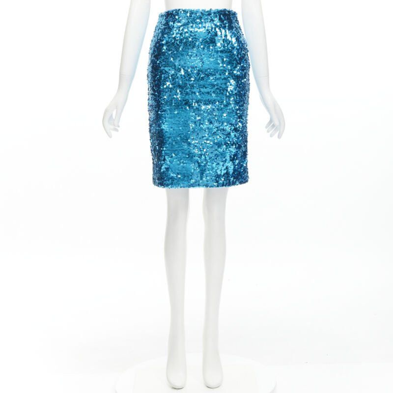 Alice + Olivia ALICE OLIVIA blue bling sequins side zip disco party pencil skirt US0 XS Size 26" / US 2 / IT 38 - 9 Thumbnail