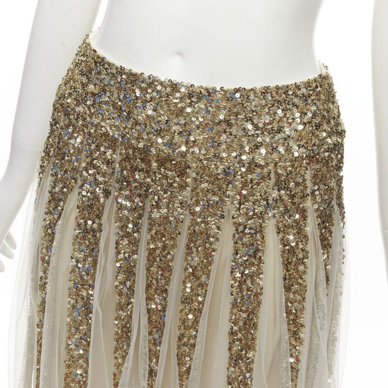 Alice + Olivia ALICE OLIVIA gold bling sequins sheer nude panel midi skirt US0 XS Size 26" / US 2 / IT 38 - 2 Thumbnail