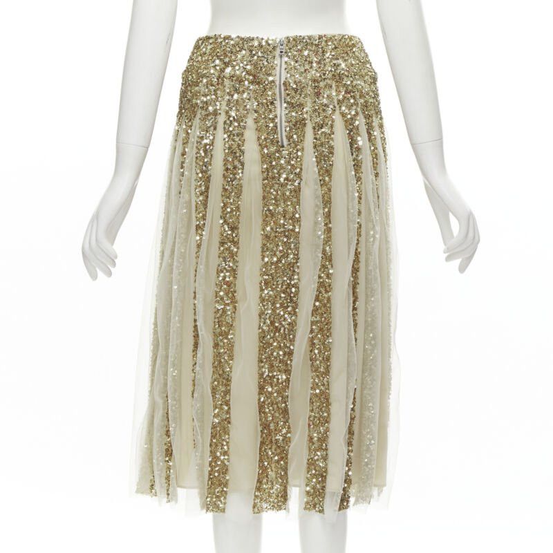 Alice + Olivia ALICE OLIVIA gold bling sequins sheer nude panel midi skirt US0 XS Size 26" / US 2 / IT 38 - 6 Thumbnail