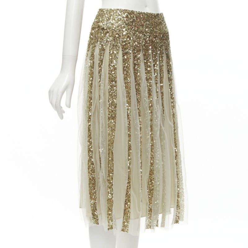 Alice + Olivia ALICE OLIVIA gold bling sequins sheer nude panel midi skirt US0 XS Size 26" / US 2 / IT 38 - 3 Thumbnail