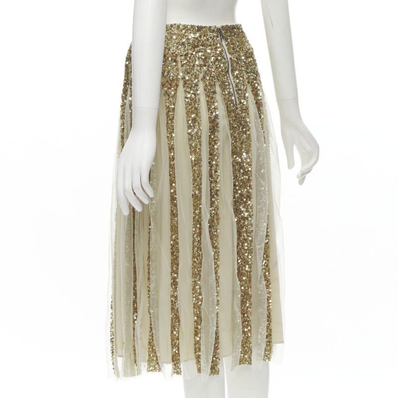 Alice + Olivia ALICE OLIVIA gold bling sequins sheer nude panel midi skirt US0 XS Size 26" / US 2 / IT 38 - 5 Thumbnail