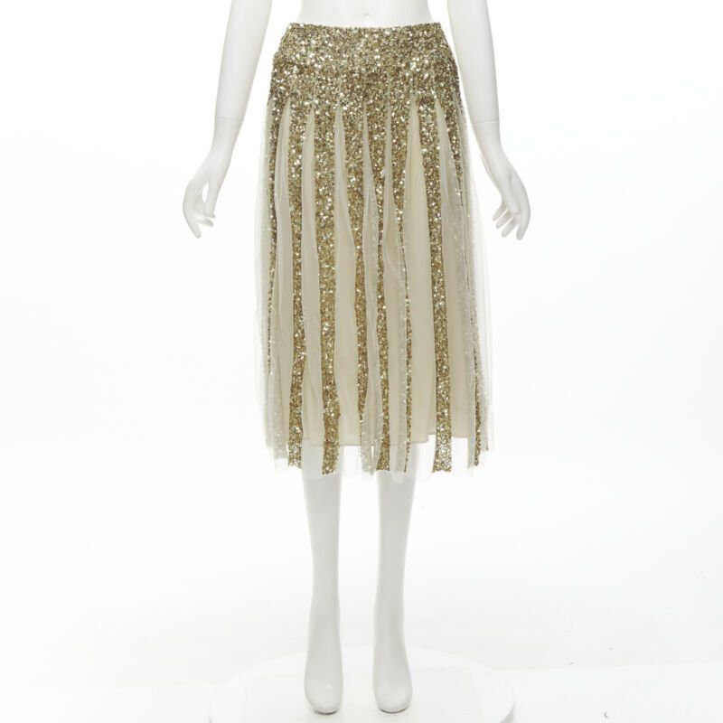 Alice + Olivia ALICE OLIVIA gold bling sequins sheer nude panel midi skirt US0 XS Size 26" / US 2 / IT 38 - 10 Thumbnail