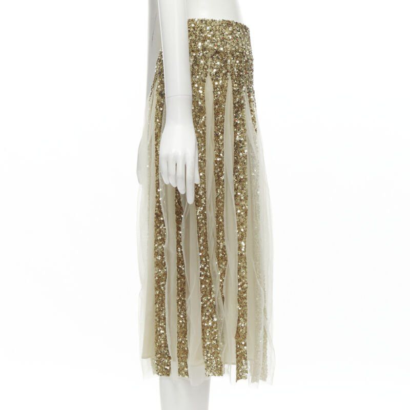 Alice + Olivia ALICE OLIVIA gold bling sequins sheer nude panel midi skirt US0 XS Size 26" / US 2 / IT 38 - 4 Thumbnail