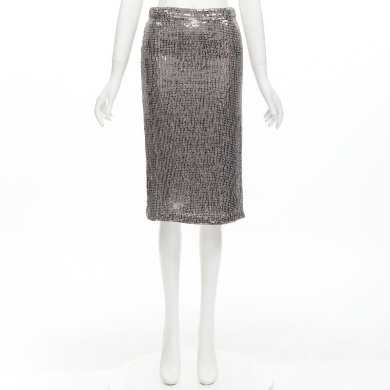 Alice + Olivia ALICE OLIVIA silver metallic sequins back slit knee length pencil skirt US0 XS Size 26" / US 2 / IT 38 - 10 Thumbnail