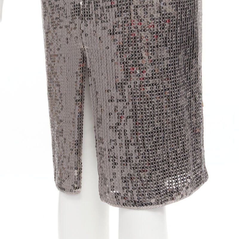 Alice + Olivia ALICE OLIVIA silver metallic sequins back slit knee length pencil skirt US0 XS Size 26" / US 2 / IT 38 - 2 Thumbnail