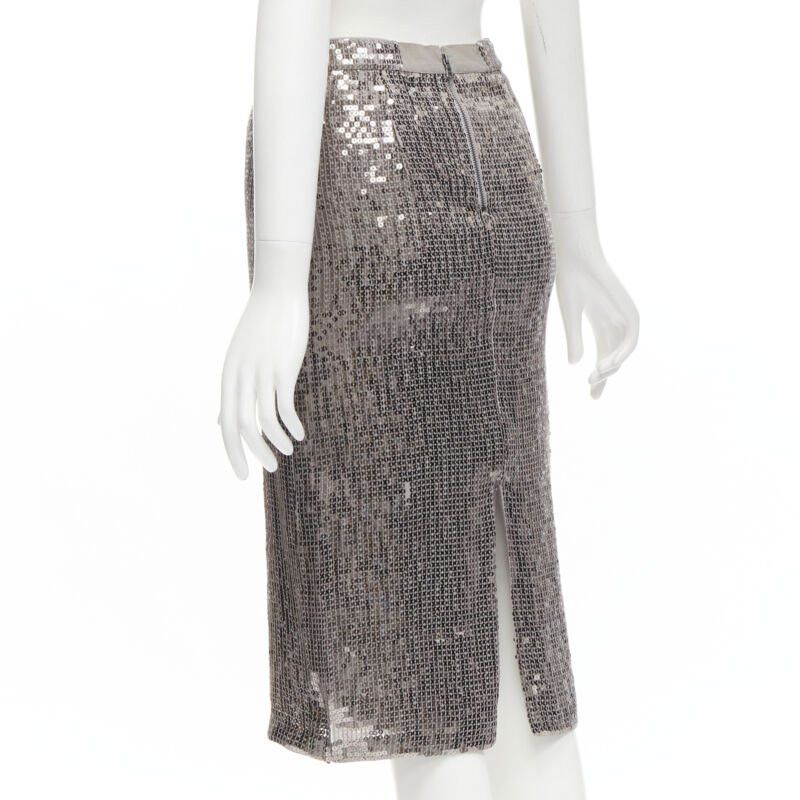 Alice + Olivia ALICE OLIVIA silver metallic sequins back slit knee length pencil skirt US0 XS Size 26" / US 2 / IT 38 - 6 Thumbnail