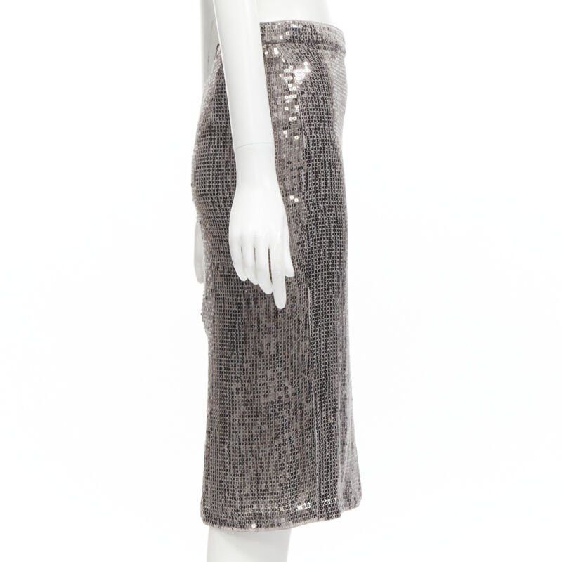 Alice + Olivia ALICE OLIVIA silver metallic sequins back slit knee length pencil skirt US0 XS Size 26" / US 2 / IT 38 - 4 Thumbnail