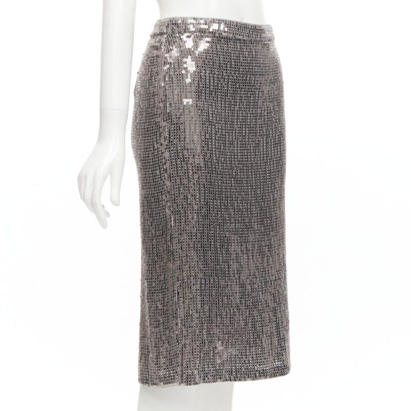 Alice + Olivia ALICE OLIVIA silver metallic sequins back slit knee length pencil skirt US0 XS Size 26" / US 2 / IT 38 - 3 Thumbnail