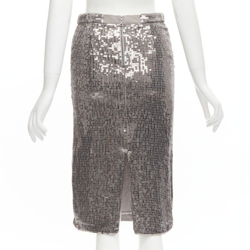 Alice + Olivia ALICE OLIVIA silver metallic sequins back slit knee length pencil skirt US0 XS Size 26" / US 2 / IT 38 - 5 Thumbnail