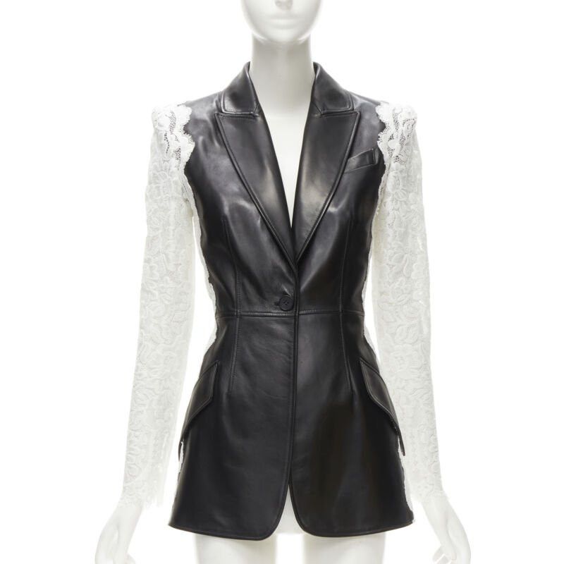 Alexander McQueen ALEXANDER MCQUEEN 2020 black lamb leather white lace trim blazer jacket IT38 XS Size XS / US 0-2 / IT 36-38 - 3 Thumbnail
