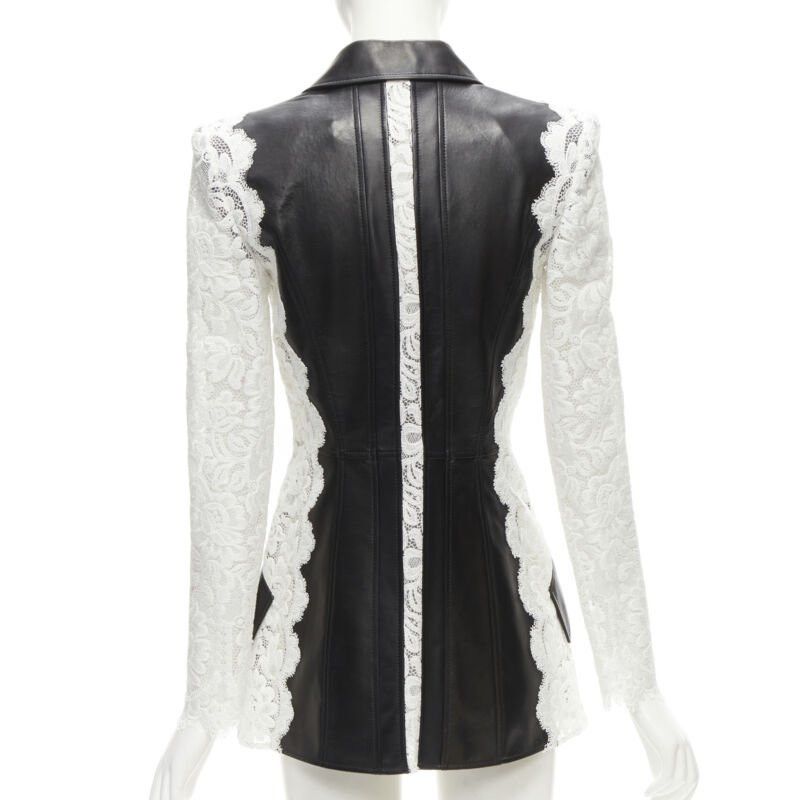Alexander McQueen ALEXANDER MCQUEEN 2020 black lamb leather white lace trim blazer jacket IT38 XS Size XS / US 0-2 / IT 36-38 - 6 Thumbnail