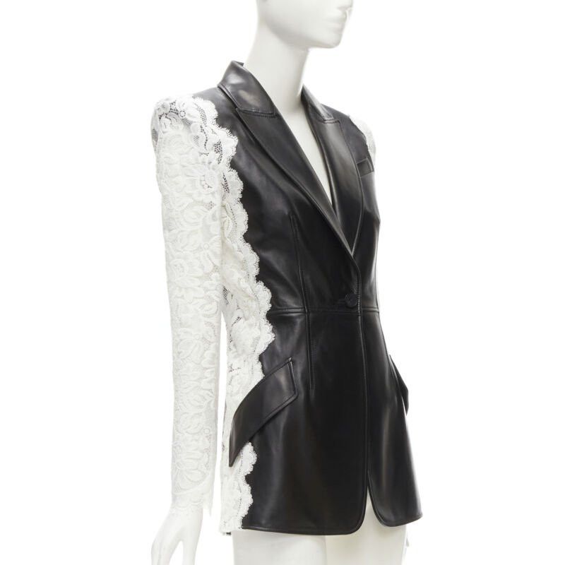 Alexander McQueen ALEXANDER MCQUEEN 2020 black lamb leather white lace trim blazer jacket IT38 XS Size XS / US 0-2 / IT 36-38 - 4 Thumbnail