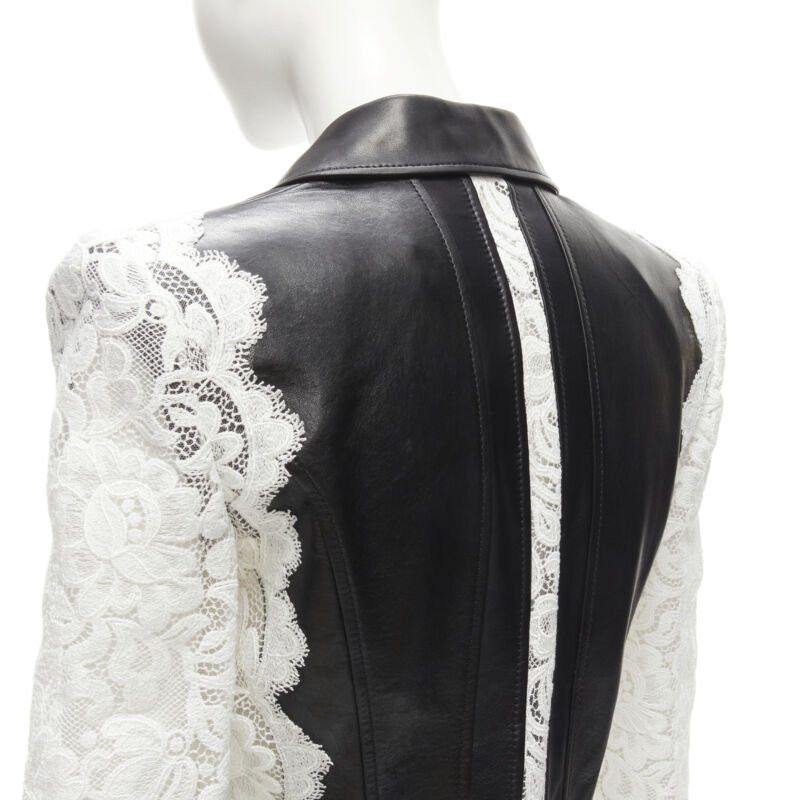Alexander McQueen ALEXANDER MCQUEEN 2020 black lamb leather white lace trim blazer jacket IT38 XS Size XS / US 0-2 / IT 36-38 - 2 Thumbnail