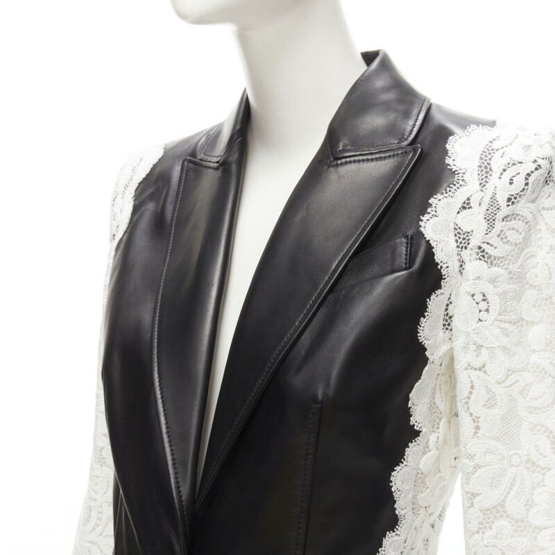 Alexander McQueen ALEXANDER MCQUEEN 2020 black lamb leather white lace trim blazer jacket IT38 XS Size XS / US 0-2 / IT 36-38 - 8 Thumbnail
