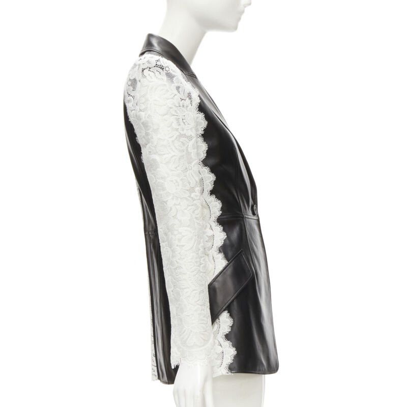 Alexander McQueen ALEXANDER MCQUEEN 2020 black lamb leather white lace trim blazer jacket IT38 XS Size XS / US 0-2 / IT 36-38 - 5 Thumbnail