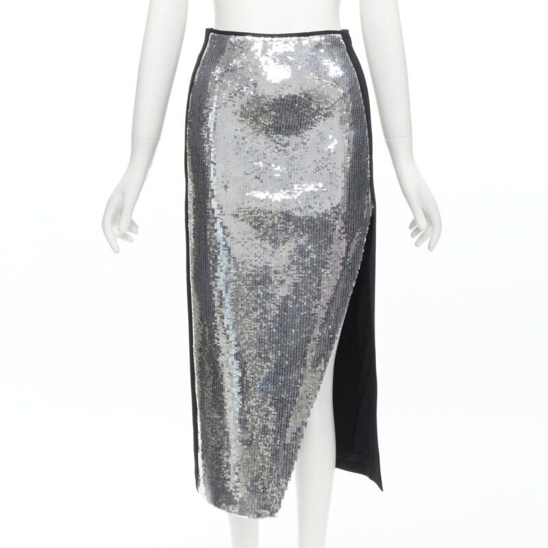 Other DAVID KOMA silver sequins midriff crop top asymmetric high slit skirt set UK6 XS Size XS / US 0-2 / IT 36-38 - 8 Thumbnail