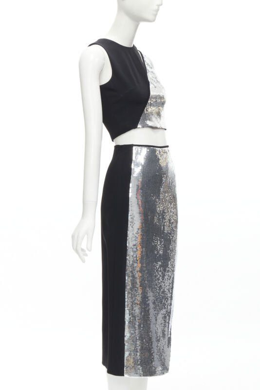 Other DAVID KOMA silver sequins midriff crop top asymmetric high slit skirt set UK6 XS Size XS / US 0-2 / IT 36-38 - 3 Thumbnail