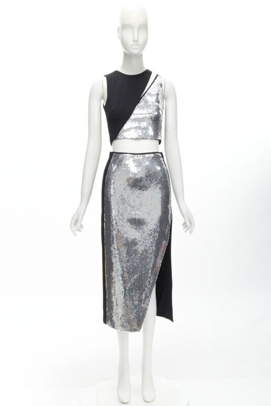 Other DAVID KOMA silver sequins midriff crop top asymmetric high slit skirt set UK6 XS Size XS / US 0-2 / IT 36-38 - 12 Thumbnail