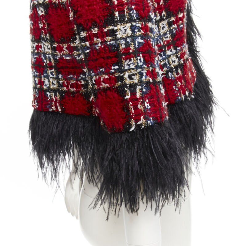 Halpern HALPERN 2022 red checked tweed black feather trim cropped jacket FR34 XS Size XS / US 0-2 / IT 36-38 - 2 Thumbnail