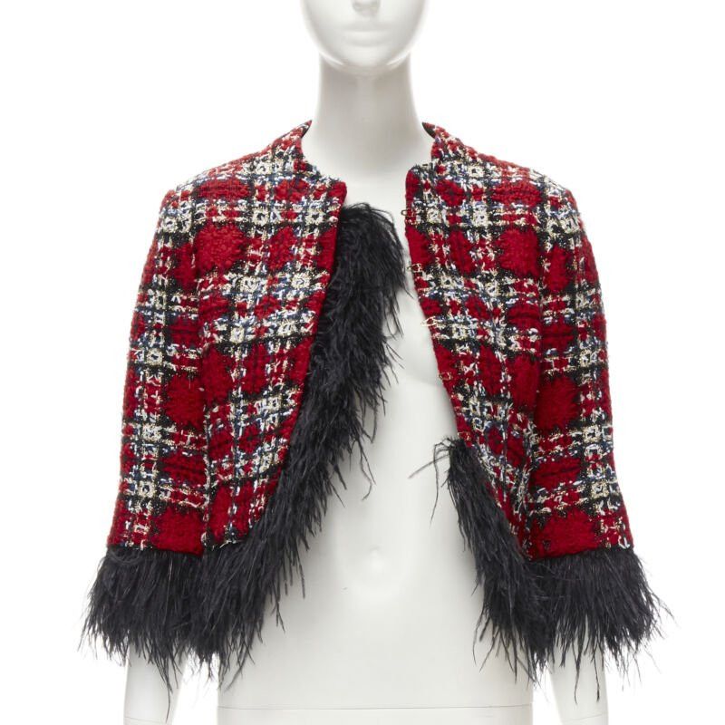 Halpern HALPERN 2022 red checked tweed black feather trim cropped jacket FR34 XS Size XS / US 0-2 / IT 36-38 - 3 Thumbnail