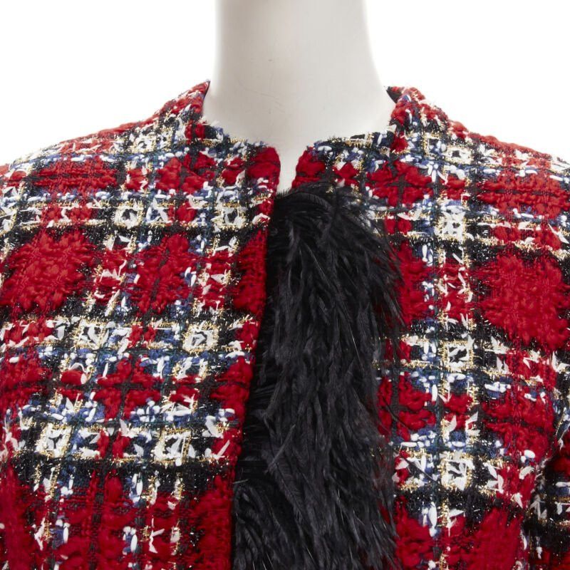 Halpern HALPERN 2022 red checked tweed black feather trim cropped jacket FR34 XS Size XS / US 0-2 / IT 36-38 - 8 Thumbnail