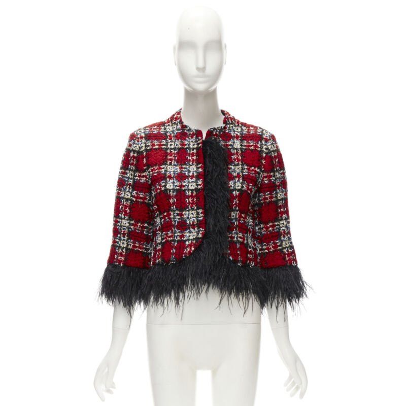 Halpern HALPERN 2022 red checked tweed black feather trim cropped jacket FR34 XS Size XS / US 0-2 / IT 36-38 - 11 Thumbnail