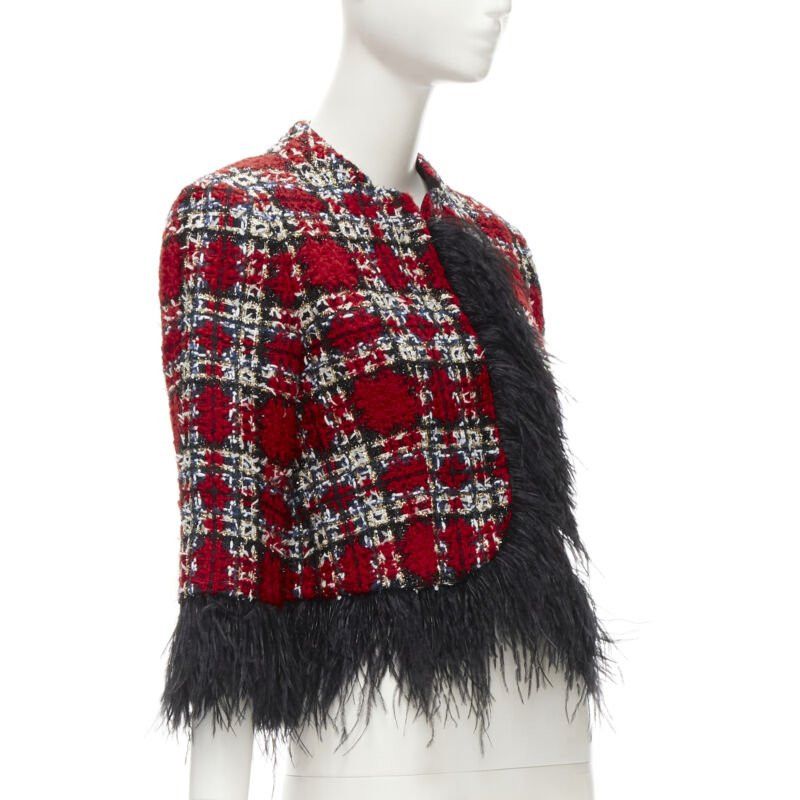 Halpern HALPERN 2022 red checked tweed black feather trim cropped jacket FR34 XS Size XS / US 0-2 / IT 36-38 - 4 Thumbnail