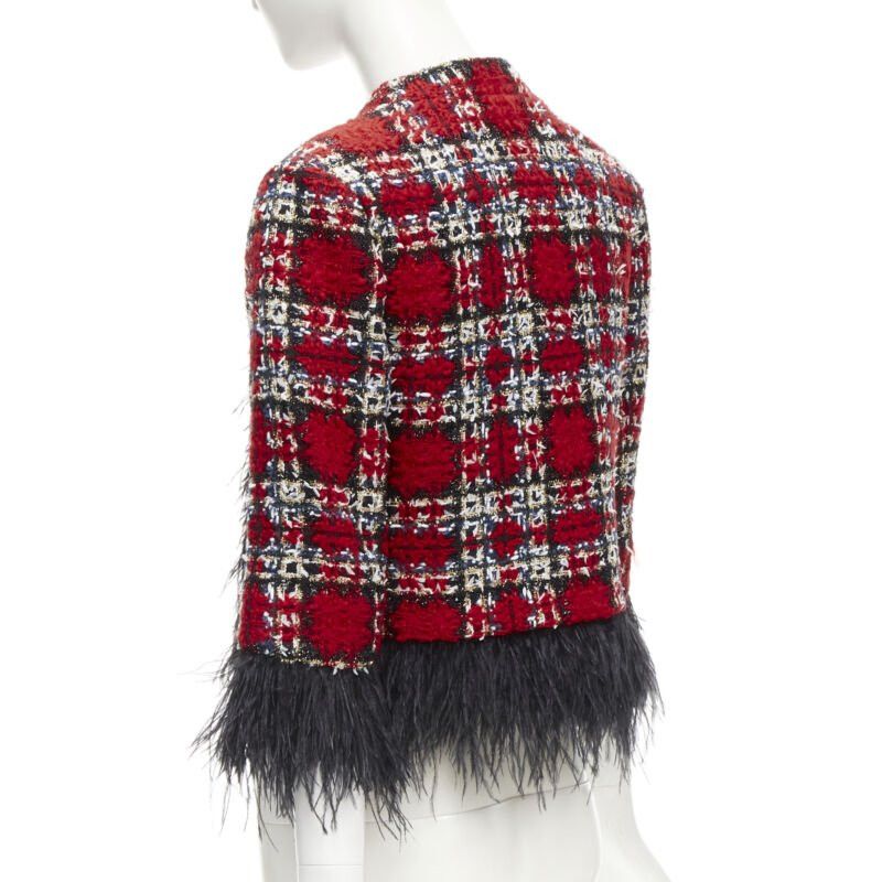 Halpern HALPERN 2022 red checked tweed black feather trim cropped jacket FR34 XS Size XS / US 0-2 / IT 36-38 - 7 Thumbnail