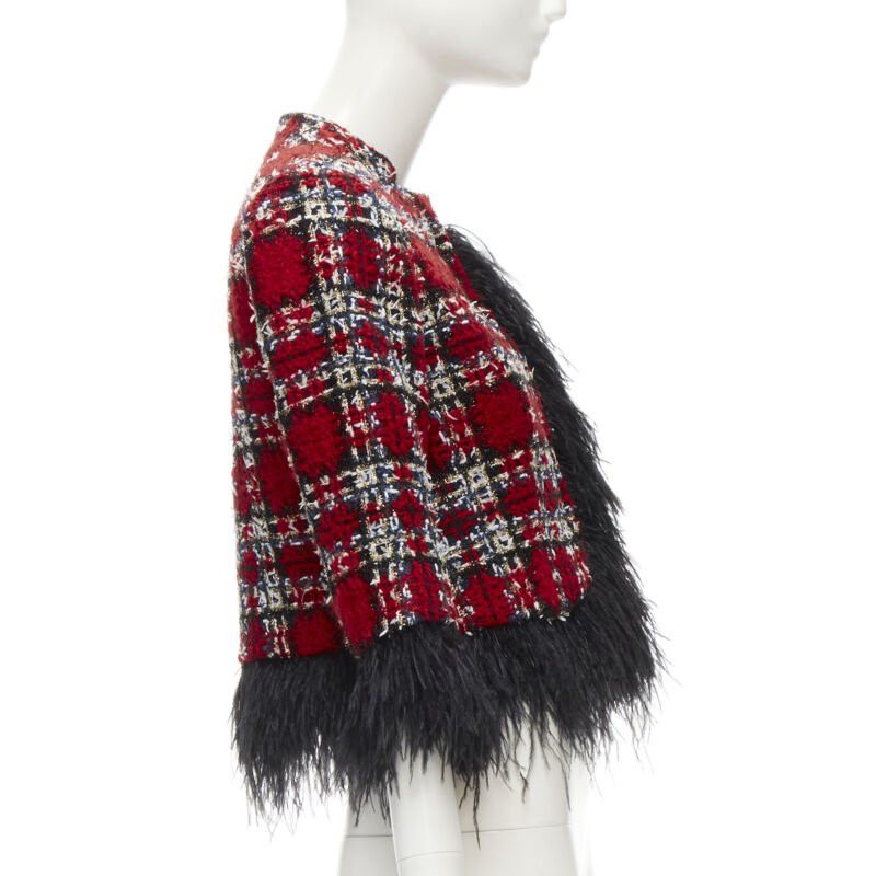 Halpern HALPERN 2022 red checked tweed black feather trim cropped jacket FR34 XS Size XS / US 0-2 / IT 36-38 - 5 Thumbnail