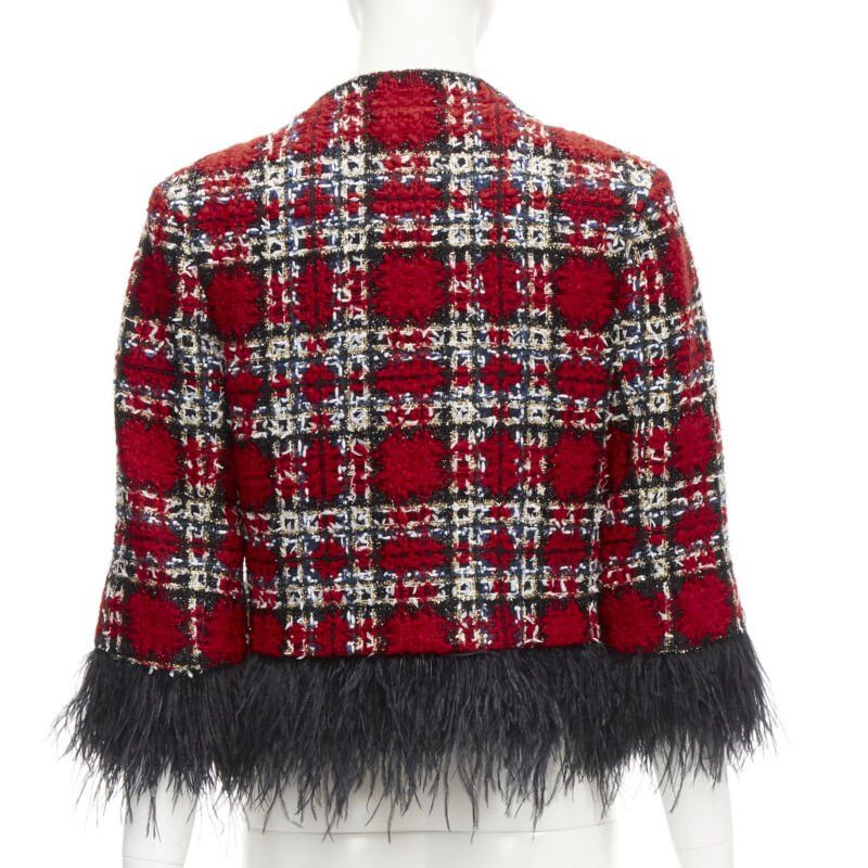 Halpern HALPERN 2022 red checked tweed black feather trim cropped jacket FR34 XS Size XS / US 0-2 / IT 36-38 - 6 Thumbnail