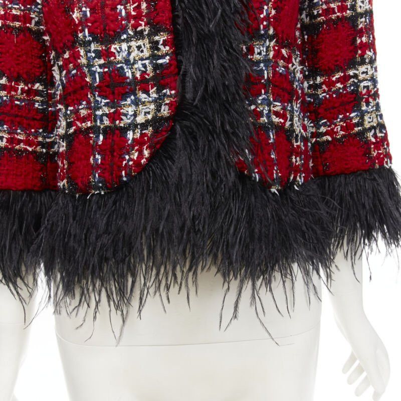 Halpern HALPERN 2022 red checked tweed black feather trim cropped jacket FR34 XS Size XS / US 0-2 / IT 36-38 - 9 Thumbnail