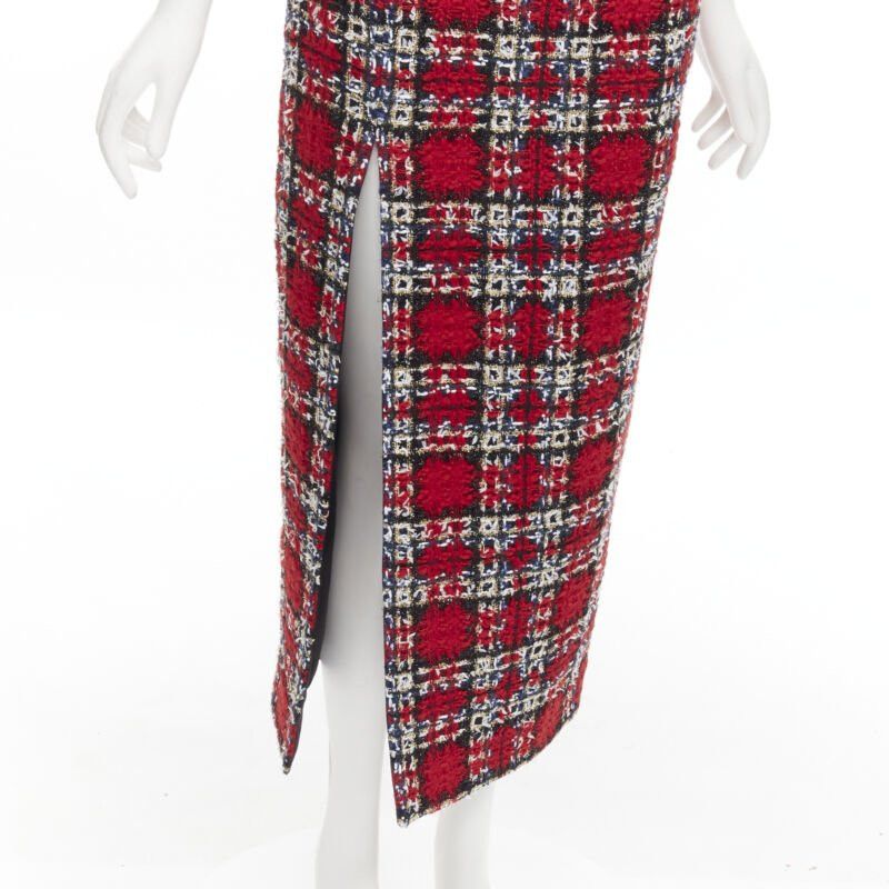 Halpern HALPERN red plaid check tweed high slit pencil midi skirt FR34 XS Size 26" / US 2 / IT 38 - 2 Thumbnail