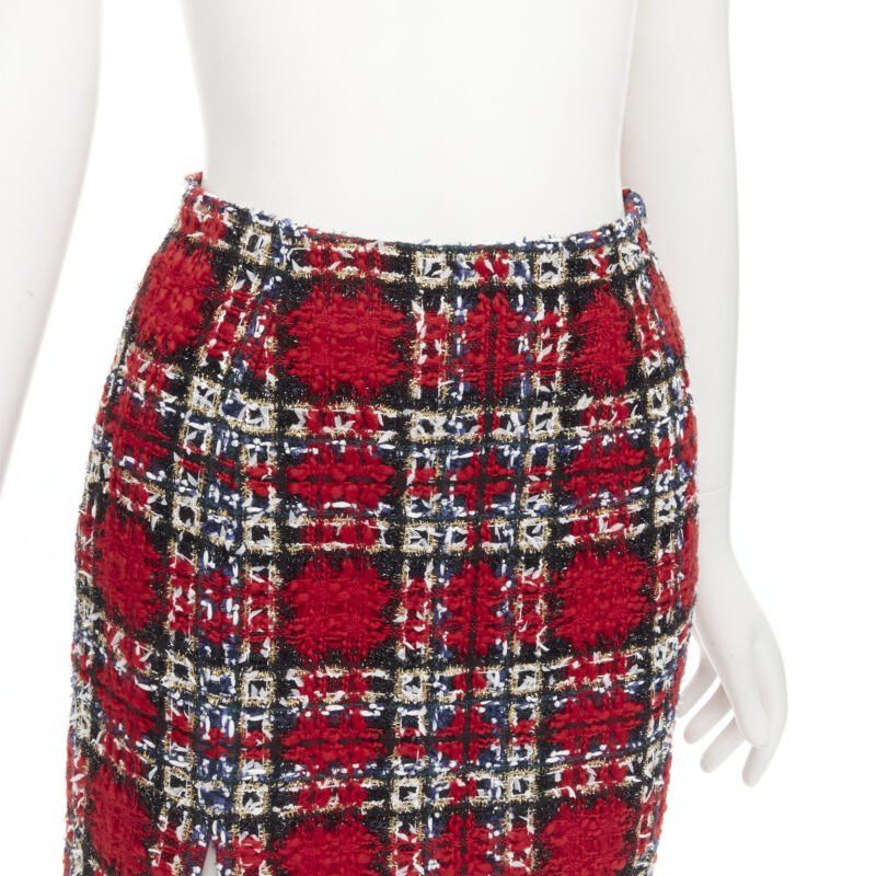 Halpern HALPERN red plaid check tweed high slit pencil midi skirt FR34 XS Size 26" / US 2 / IT 38 - 7 Thumbnail