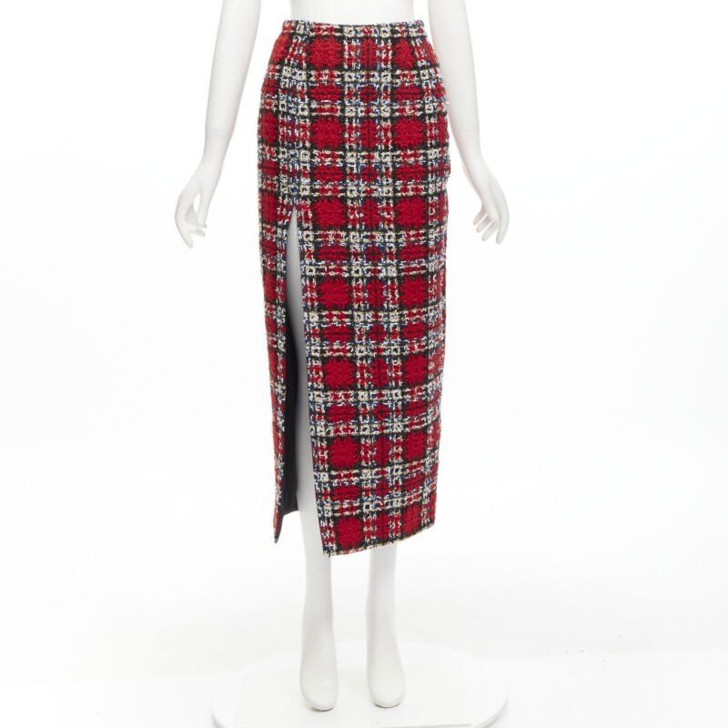 Halpern HALPERN red plaid check tweed high slit pencil midi skirt FR34 XS Size 26" / US 2 / IT 38 - 9 Thumbnail