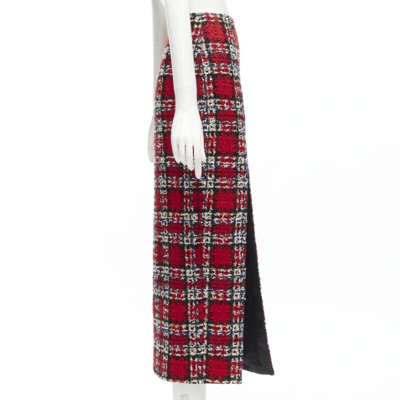 Halpern HALPERN red plaid check tweed high slit pencil midi skirt FR34 XS Size 26" / US 2 / IT 38 - 4 Thumbnail