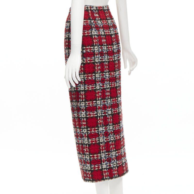 Halpern HALPERN red plaid check tweed high slit pencil midi skirt FR34 XS Size 26" / US 2 / IT 38 - 6 Thumbnail