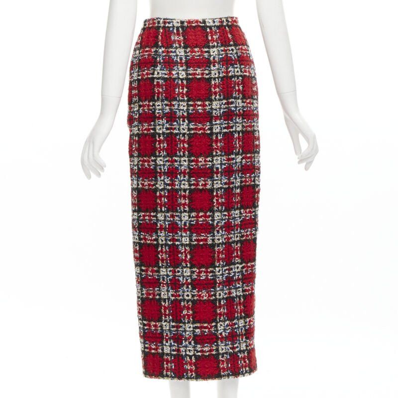 Halpern HALPERN red plaid check tweed high slit pencil midi skirt FR34 XS Size 26" / US 2 / IT 38 - 5 Thumbnail