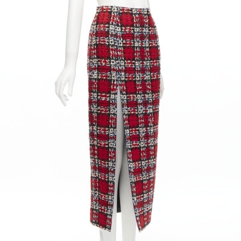 Halpern HALPERN red plaid check tweed high slit pencil midi skirt FR34 XS Size 26" / US 2 / IT 38 - 3 Thumbnail