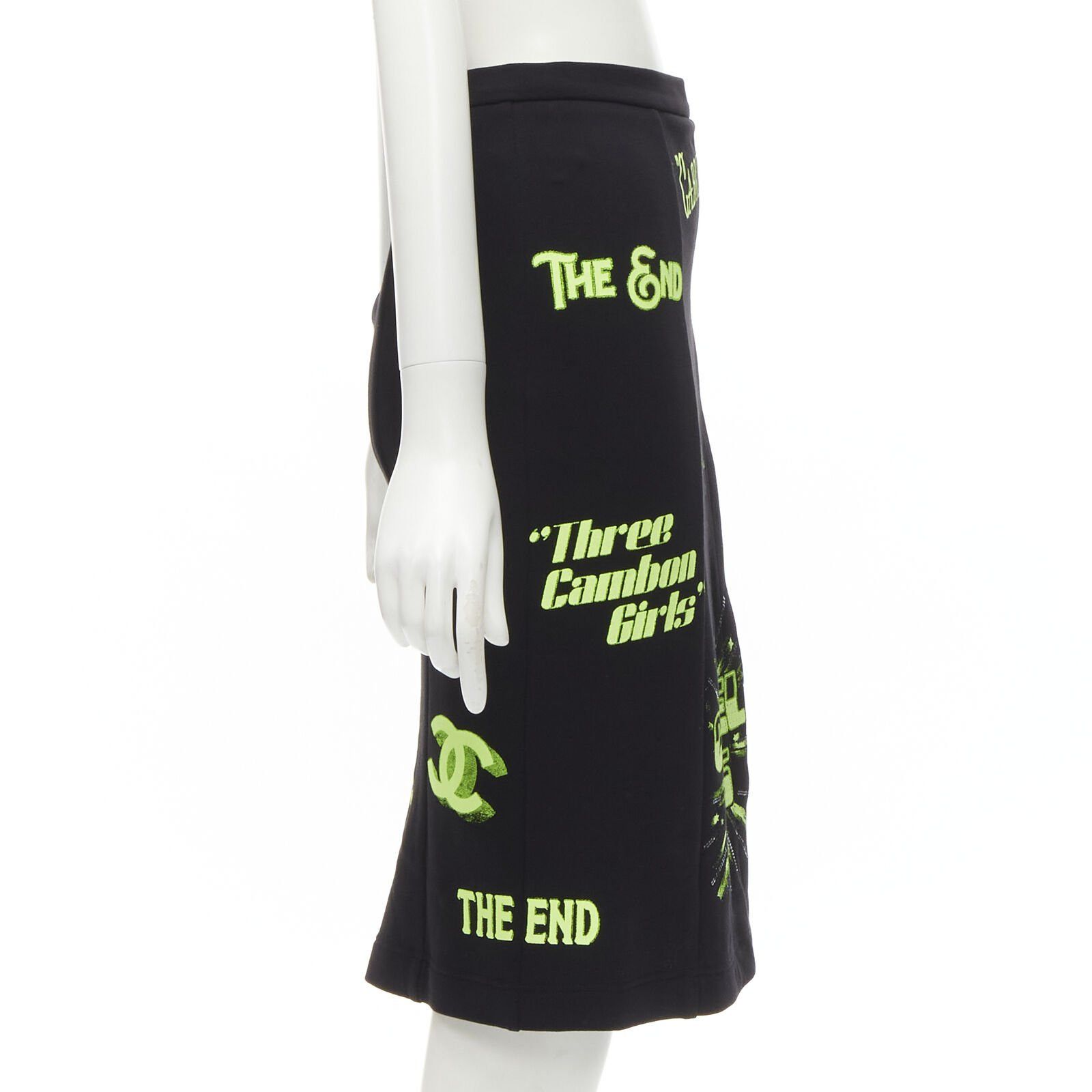 Chanel rare CHANEL 2021 Runway black neon graphic logo slit cotton fleece skirt FR34 XS Size 26" / US 2 / IT 38 - 4 Thumbnail