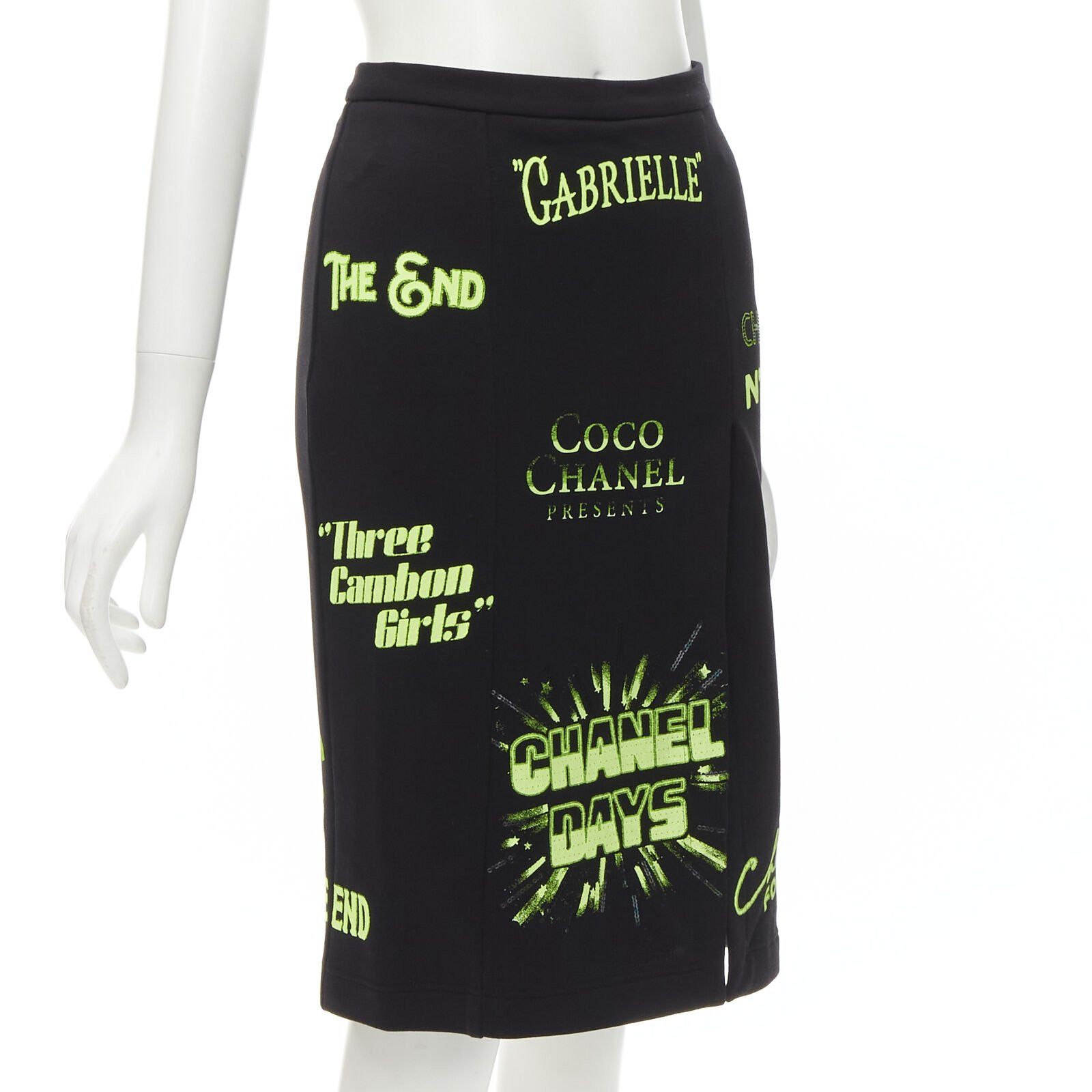 Chanel rare CHANEL 2021 Runway black neon graphic logo slit cotton fleece skirt FR34 XS Size 26" / US 2 / IT 38 - 3 Thumbnail